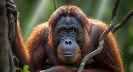 Fototapeta premium Orangutan Gazing Serenely from the Jungle Canopy, An Orangutan's Tranquil Gaze in the Lush Green Forest