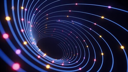 Abstract spiral with glowing colorful light dots in digital futuristic tunnel design  
