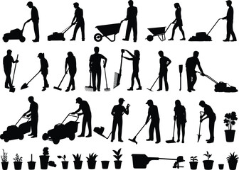 Obraz premium Silhouettes of people doing gardening work, lawn mowing, planting, digging, sweeping, watering, outdoor yard tasks with tools and plants