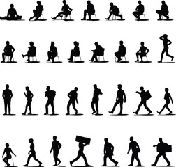 Silhouettes of people sitting, walking, carrying bags and boxes, diverse everyday postures, casual activities, motion and stillness in silhouette form