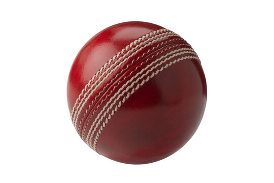 Red leather cricket ball with white stitching isolated on a transparent background