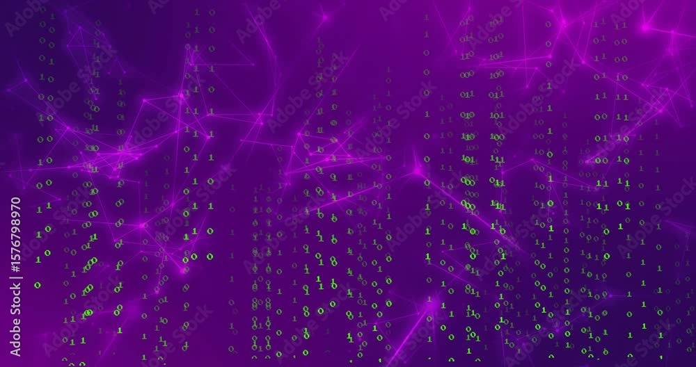 Poster On start magenta network glowing and green binary digits streaming down columns showing data flow