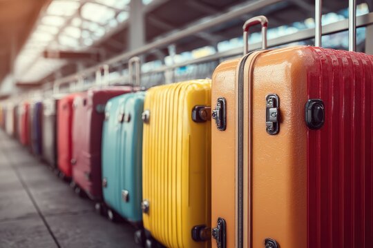 Luggage suitcases lined up at an airport terminal showcasing vibrant colors and diverse designs during a busy travel season