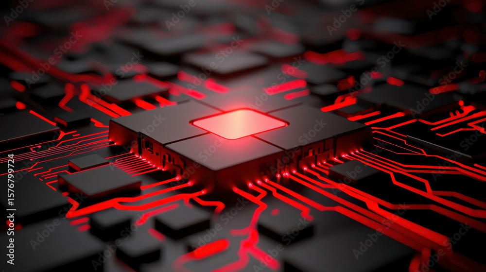 Wall mural high-tech circuit board design with glowing red elements in an abstract digital landscape for modern