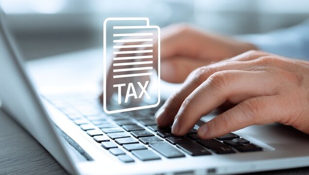 Person types on a laptop, tax document icon overlay