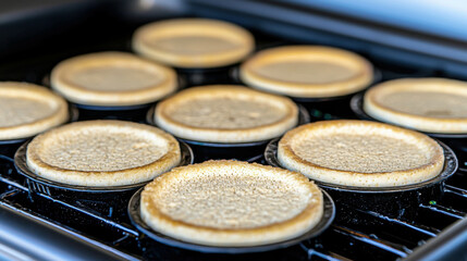 Perfectly Baked Vanilla Custard Cups on Oven Rack Ready for Pastry Dessert Plating and Enjoyment in a Culinary Kitchen Setting