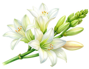 Fototapeta premium Watercolor Illustration of Tuberose Stem with Blossoms and Buds, isolated on transparent background