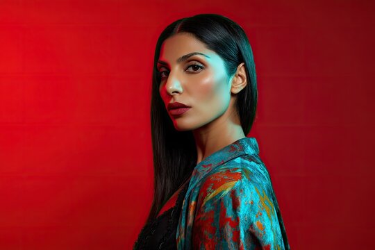 South Asian trans woman modeling fashion in studio with bold backdrop dramatic three-point lighting creating fashion-grade shadow sculpting