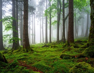 Obraz premium Misty forest floor, lush green moss