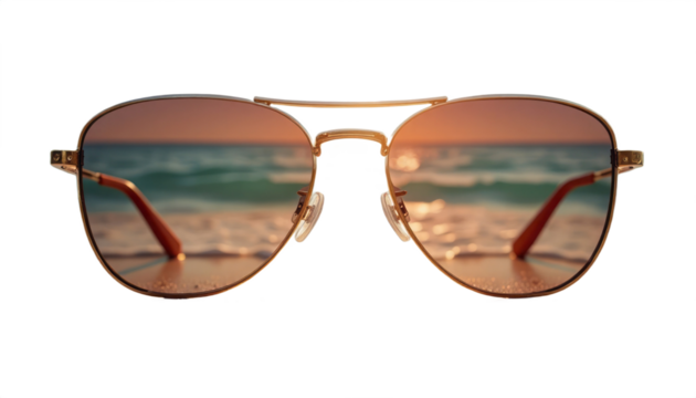 Close up of aviator sunglasses with ocean and sunset view in the background