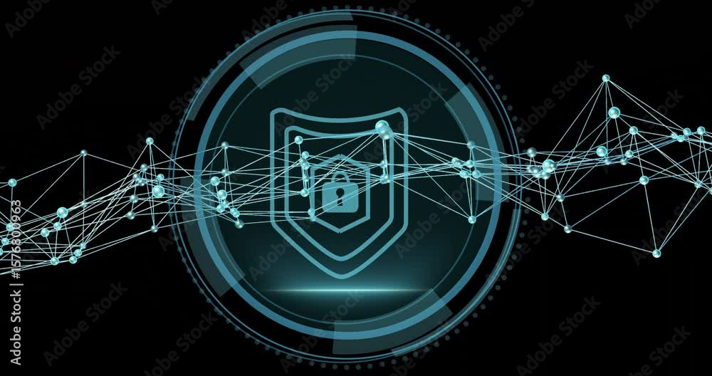 Poster dark screen initiating nodes pulsing around shield scanning hud sweeping waveform for cybersecurity