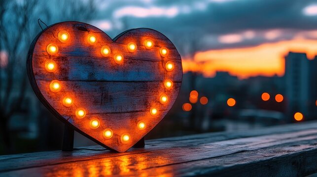Wooden heart with light bulbs on the edge, standing on table. Perfect for Valentines Day, anniversary, date night, or weddings.