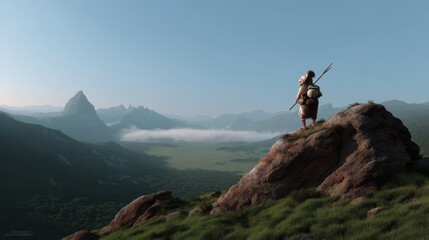 Primal scout exploring elevated landscape with mountainous horizon