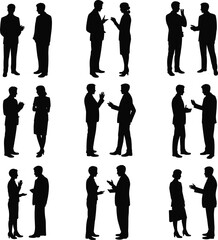 Silhouettes of businesspeople talking in pairs, professional discussion, team interaction, corporate communication, formal meeting concept, isolated on white background