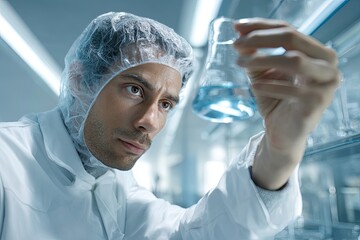 Trans Asian scientist conducting lab experiment overhead sterile white light with glass beaker reflections accurate lab coat texture