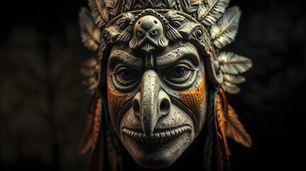 Obraz premium Intricate tribal-style ceremonial mask with exaggerated facial features and feathered headdress, evoking ancient mythology and spiritual symbolism. 