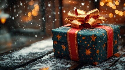 Blue and gold gift box with red ribbon sits on snow covered wooden planks. Use for holiday cards, website banners, and seasonal marketing campaigns.