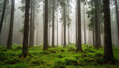 Obraz premium Misty forest with tall trees (1)