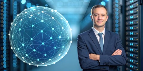 Professional Man in Suit Standing Confidently in Data Center with Network Visualization Globe