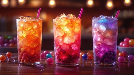 Three glasses filled with ice, boba, straws, and colorful drinks sit on a table. Use this vibrant beverage image for summer promotions and food blogging.