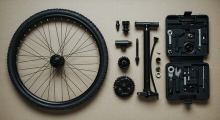 Detailed still life of a bicycle wheel, pump, gear and tool kit laid out on a neutral surface.