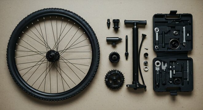 Detailed still life of a bicycle wheel, pump, gear and tool kit laid out on a neutral surface.
