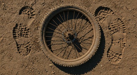 A rustic bicycle wheel rests on arid ground, flanked by the stark imprints of human footprints.
