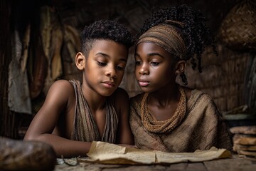 Young Indigenous boy and girl in classroom learning tribal language top-down soft lighting with paper and chalk textures
