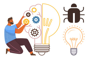 Man repairs mechanisms in a half-open light bulb, symbolizing problem-solving and innovation. Adjacent bug icon signifies debugging. Ideal for teamwork, engineering, creativity, software repair