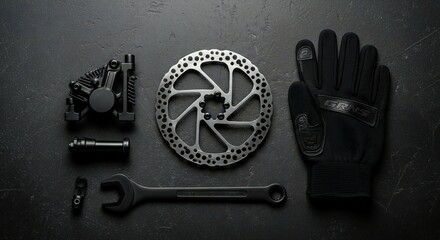 Overhead shot features bicycle repair tools, silver disc brake and work gloves on dark surface.