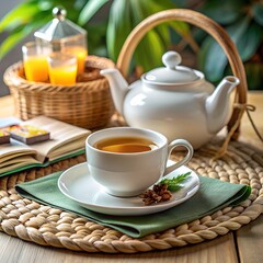 A cup of tea and a teapot are set with a book and juice glasses