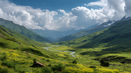 Obraz premium Majestic Mountain Valley Panorama with Wildflowers and a Winding River