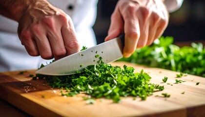 Chef slicing herbs with precision. Tactile and crisp — ideal for food, culinary, or kitchen visuals.
