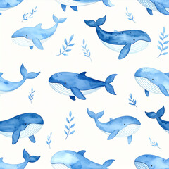 Fototapeta premium Oceanic Watercolor: Whimsical watercolor illustrations of friendly whales swim amidst elegant botanical elements, evoking a sense of aquatic calm and natural beauty.