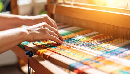 Fototapeta premium Weaver’s hands threading fiber on loom. Detailed and handmade — great for craft, textile, or tradition visuals.