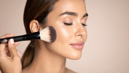 Fototapeta premium Makeup artist blending blush on skin. Soft and glamorous — ideal for beauty or cosmetic themes.