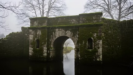 Moss-Covered Stone Archway: Misty Water Mystery