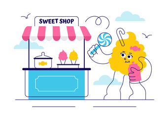 Fototapeta premium Sweet Shop Vector Illustration Featuring the Sale of Various Bakery Products, Cupcakes, Cakes, Pastries, or Candy in a Flat Style Cartoon Background
