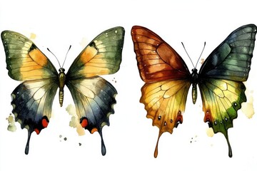 Two watercolor butterflies with brown, green, yellow, and blue wings. Use for art, design, or educational projects needing insect illustrations.