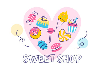 Sweet Shop Vector Illustration Featuring the Sale of Various Bakery Products, Cupcakes, Cakes, Pastries, or Candy in a Flat Style Cartoon Background