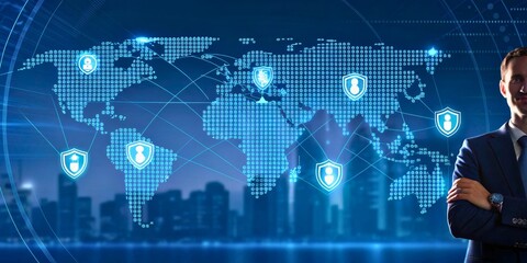 Businessman Standing with Digital World Map and Security Icons Representing Global Connections