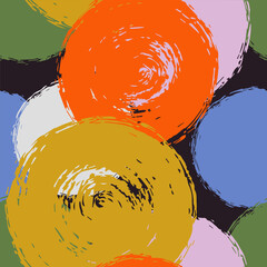 Contemporary circles seamless pattern of large, abstract brushstrokes in various colors on a dark background. Colorful, hand-drawn round painting shapes texture. Dynamic, visual, art illustration.