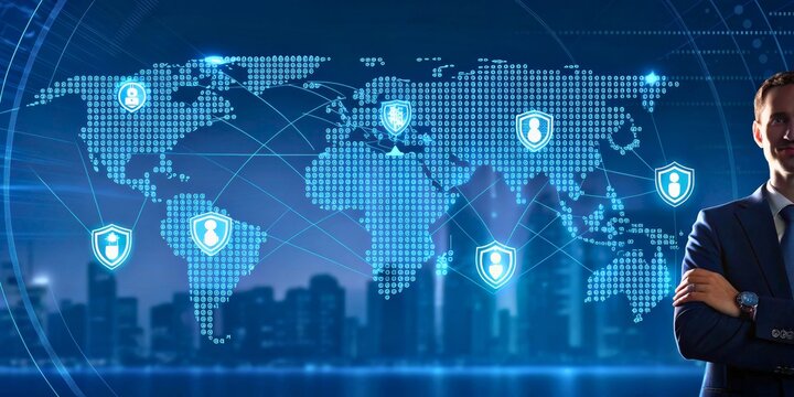 Businessman Standing with Digital World Map and Security Icons Representing Global Connections