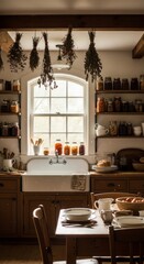 Rustic kitchen with dried herbs, jars, and a farmhouse sink bathed in soft light.