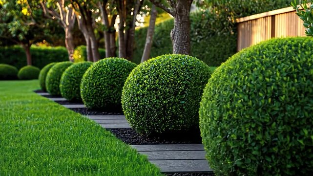 Well-maintained lawn with topiary