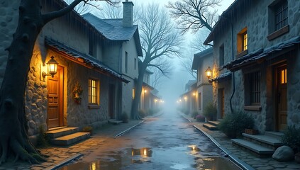 Fototapeta premium A watercolor-style digital painting of a rainy village street with glowing lanterns and reflections in puddles — evoking nostalgia, peace, and introspection.