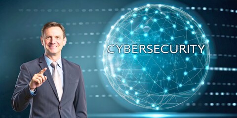 Professional Man Presenting Cybersecurity Concept in Modern Digital Environment