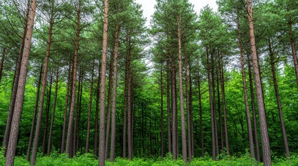 Naklejka premium Lush Green Forest with Tall Pine Trees Under Sunlight