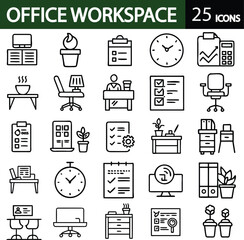 Office workspace set of web icons in line style