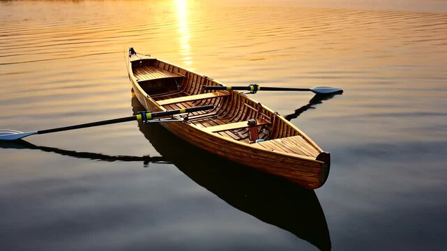 A serene wooden rowboat floating on calm waters at sunset, reflecting golden hues in the background